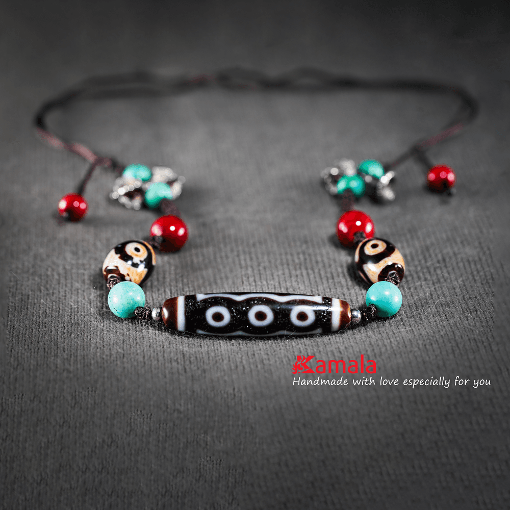 Chuỗi vòng cổ Ngọc Dzi cổ 5 mắt đính Turquoise San hô